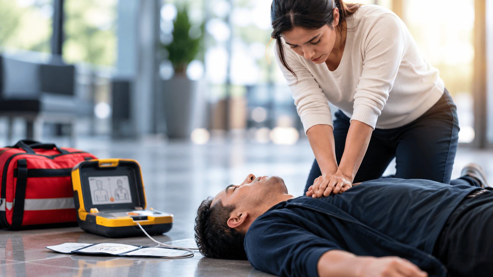 Urgent CPR in a Modern Lobby